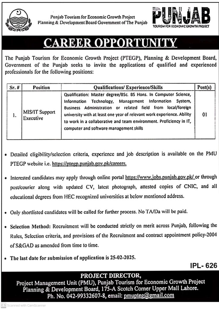 MIS/IT Support Executive Jobs in Punjab Tourism for Economic Growth project (PTEGP) 2025