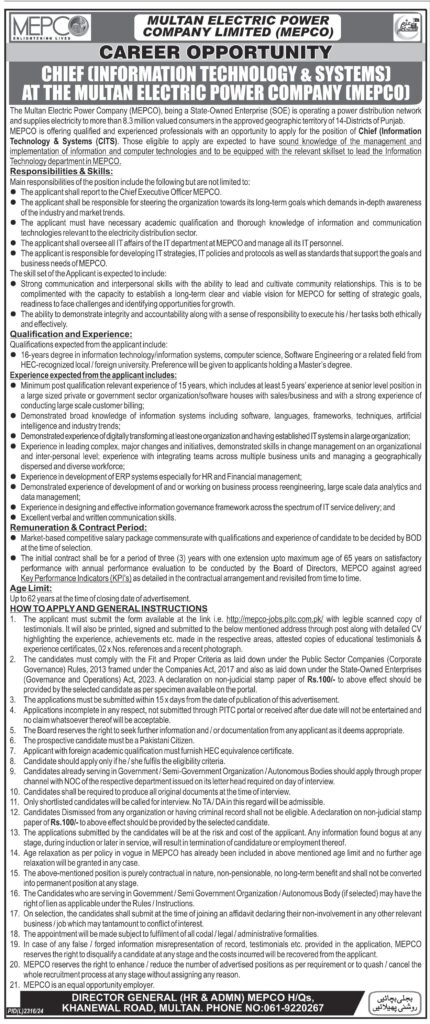 "Chief (Information Technology & Systems) Job at Multan Electric Power Company (MEPCO) – Apply Now!"