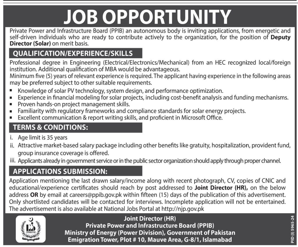 Deputy Director (Solar) Job Opportunity at PPIB Pakistan 2025