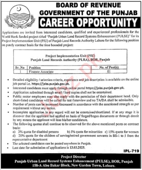 Finance Associate Job at Punjab Land Records Authority (PLRA) 2025 – Apply Now 