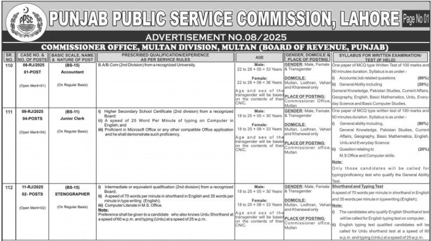 Job Opportunities at Commissioner Office Multan 2025: Accountant, Junior Clerk, Stenographer