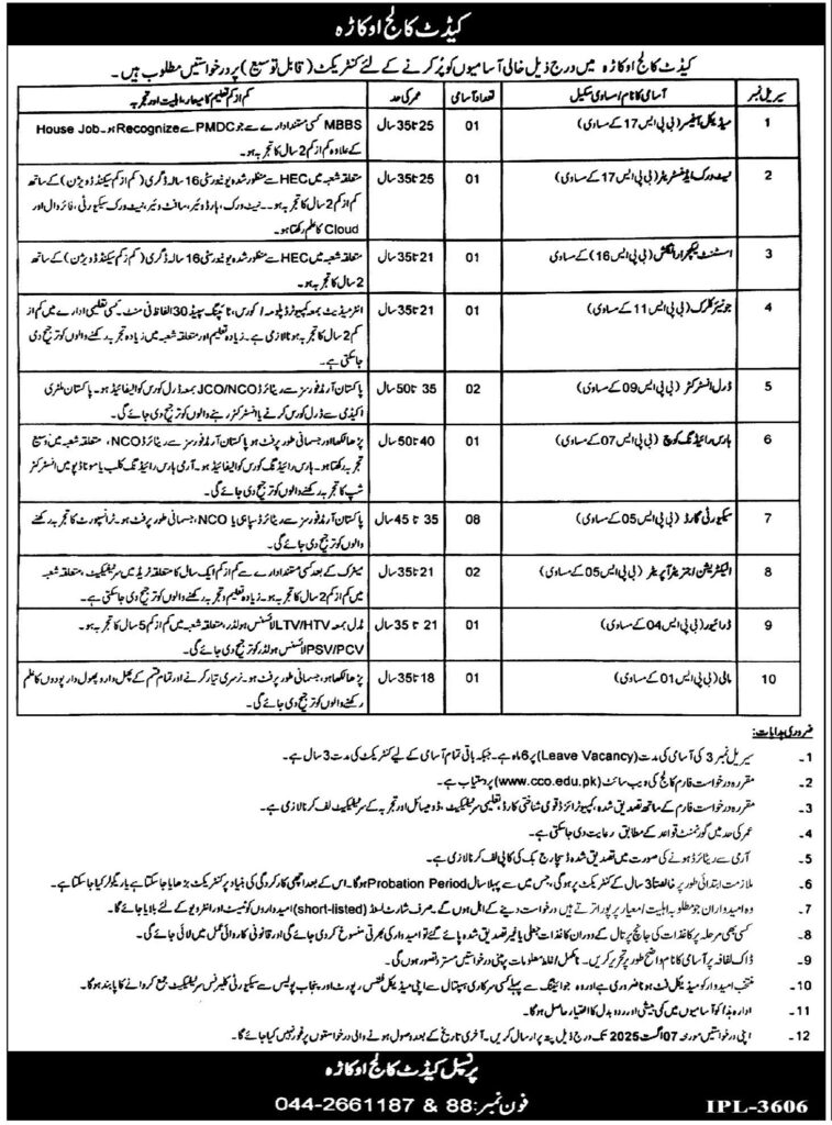 Cadet College Okara Jobs 2025