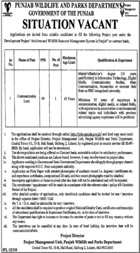 Communication Lead Job Punjab Wildlife