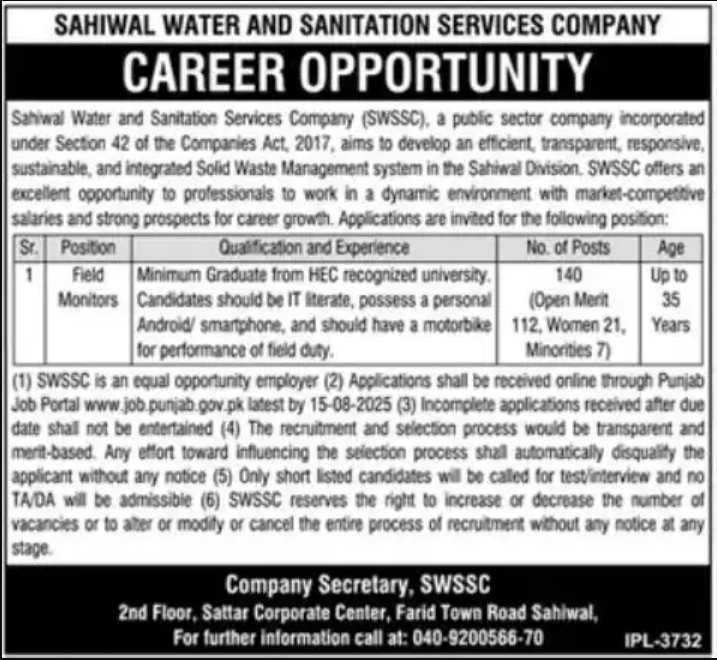 Field Monitor Jobs in SWSSC Sahiwal 2025