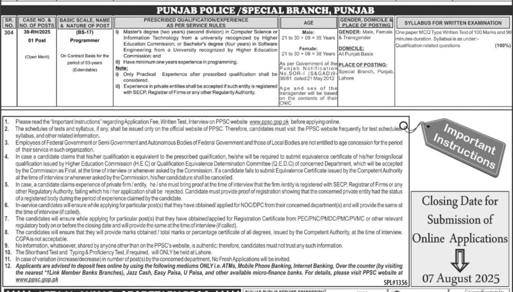 Punjab Police Programmer Jobs