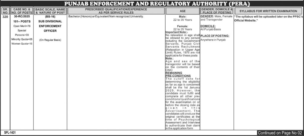 Sub Divisional Enforcement Officer PERA Jobs 2025