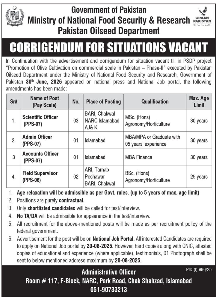 Pakistan Oilseed Department Jobs 2025 