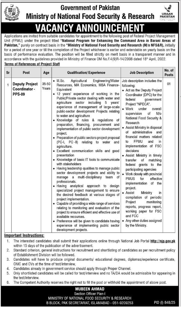 Ministry of National Food Security MNFSR Jobs